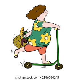 Illustration of plump housewifely woman riding kick scooter with big bag of food.