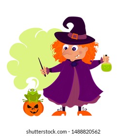 Illustration of a plump witch in the green smoke with pumpking, frog, vail with poison.  Witch puts a spell on the toad.