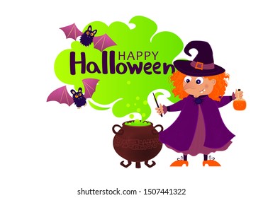 Illustration of  plump witch with red hair in vintage dress making green potion in cauldron. Happy halloween illustration with witch and bats isolated on a white.  