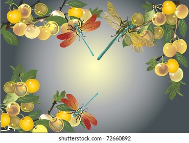illustration with plums and dragonflies