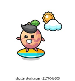 Illustration of pluot fruit cartoon do surfing on the beach , cute style design for t shirt, sticker, logo element