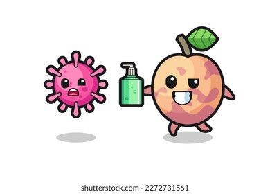 illustration of pluot fruit character chasing evil virus with hand sanitizer , cute style design for t shirt, sticker, logo element