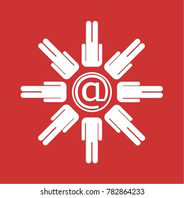 Illustration of a plurality of human figures connected sign email, the dog, at one point. One head, one mind. The idea of connection, communication, and teamwork. Vector illustration.