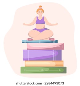 Illustration with  plus size girl doing yoga in lotus position siting on books. Meditation, relaxation, balance concept for banner, website design or landing web page. Vector illustration.