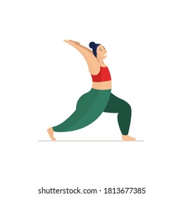 An illustration of a plus size woman doing yoga. Home workout. Body positivity concept.