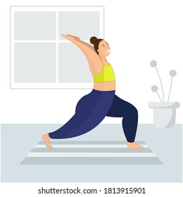 An Illustration Of A Plus Size Woman Doing Yoga At Home. Home Workout. Body Positivity Concept.