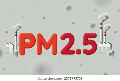 Illustration of PM2.5 pollution caused by industrial emissions, depicting factories and floating particulate matter in the air.