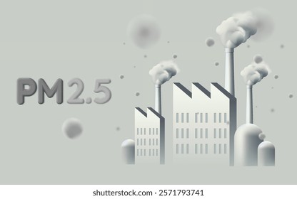 Illustration of PM2.5 pollution caused by industrial emissions, depicting factories and floating particulate matter in the air.