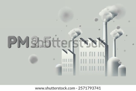 Illustration of PM2.5 pollution caused by industrial emissions, depicting factories and floating particulate matter in the air.