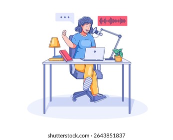 ilustração de um apresentador de podcast gravando um episódio de monólogo em um estúdio em casa. A configuração inclui um microfone montado, laptop, livros, uma lâmpada e uma mistura de planta em vaso de aconchego e profissionalismo.