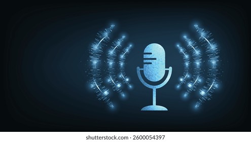 Illustration of Podcast icon with circle vector background. Podcast logo, Microphone icon on dark blue background.	