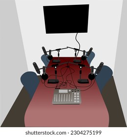 illustration of a podcast room with a capacity of 4 people, with a large monitor as the topic of conversation.