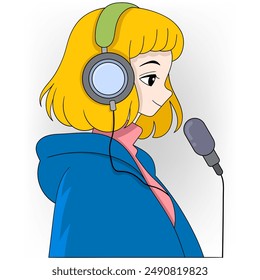 An illustration of a podcaster captured in a side profile view. The podcaster has bright blonde hair and is wearing large green and gray headphones.