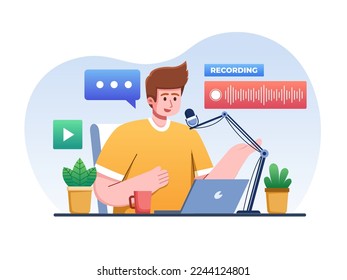 Illustration Podcaster recording her voice into microphone.
Making audio podcast from home studio.
Monologue audio podcast or radio concept.
Suitable for web, landing page, project, etc