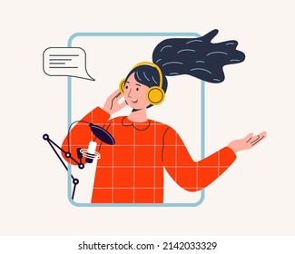 Illustration of a podcaster speaking into a microphone. Smiling woman with headphones is recording an audio podcast or online show. Podcasting broadcasting concept vector illustration in flat style