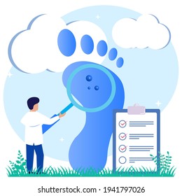 Illustration of podiatry as a brunch drug intended by the character of the doctor, limbs, lower extremities and ankles. Surgical treatment and diagnosis knowledge. Abstract patient inspection scene.