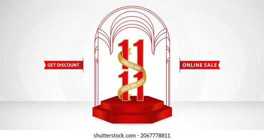 illustration of podium background with light 11.11 online sale, with polygons display product. applicable for online shop sign, poster, flyer, social media banner, label promotion in store