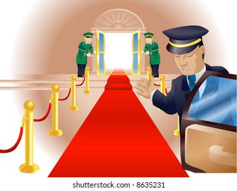 Illustration, point of view of person getting out of a limousine with chauffer and doormen beckoning him or her into a venue like a vip or celebrity