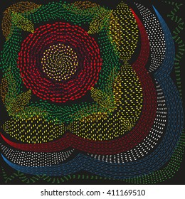 Illustration pointillism ornament
Drawing on a black background pointillism style asymmetrical ornament pattern consisting of dots for decoration and design