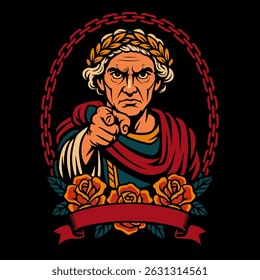 Illustration of a pointing man with laurel wreath, roses and a banner on black backdrop is ready for various purposes.