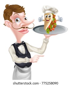 An Illustration of a Pointing Waiter Holding Kebab Mascot