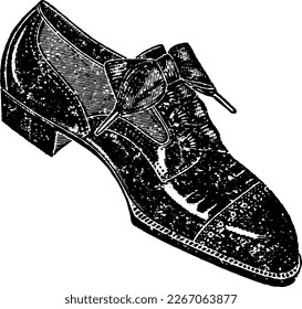 Illustration of Pointy Men Business Fashion Boot With Laces and Heel, Illustration drawn in engraved etching style with halftones and linework. Antique shoe from early 1900s. Retro sketch.