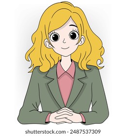 An illustration of a poised female news anchor with blonde hair, wearing a green blazer and pink shirt.