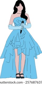 Illustration of a poised woman wearing a stylish blue dress and gloves while holding a microphone, symbolizing elegance,performance,and grace in a formal setting or stage presence.