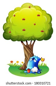 Illustration of a poisoned blue monster under the tree on a white background