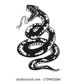 Illustration of poisonous snake  in engraving style. Design element for logo, label, emblem, sign, badge. Vector illustration