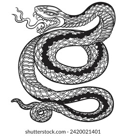 Illustration of poisonous snake in engraving style. Design element for logo, label, emblem, sign, badge.
