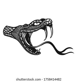Illustration of poisonous snake head in engraving style. Design element for logo, label, sign, poster, t shirt. Vector illustration