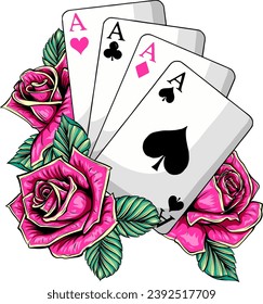 illustration of poker aces with rose on white background.