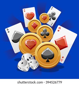 illustration of Poker Cards, dice and Coins