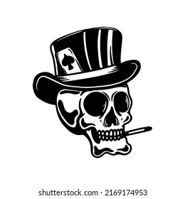 Illustration of poker skull in vintage hat.  Design element for poster, card, banner, emblem, sign. Vector illustration