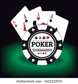 Illustration of poker tournament cards and chips on a green and black background. vector file