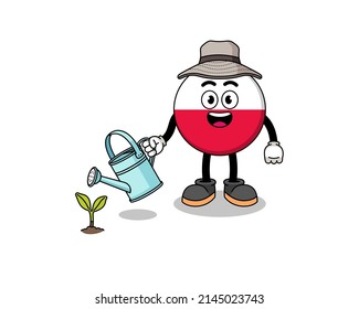 Illustration of poland flag cartoon watering the plant , character design
