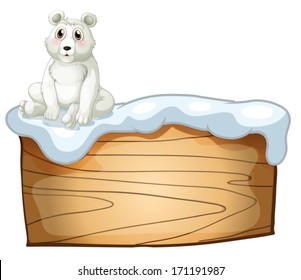 Illustration of a polar bear above an empty wooden board on a white background