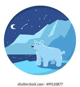 Illustration with polar bear among icy mountains, moon and stars at night. Cartoon style.
