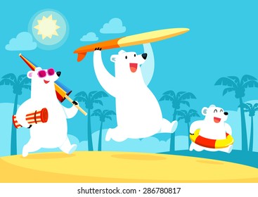 Illustration of polar bear family on summer vacation at the beach