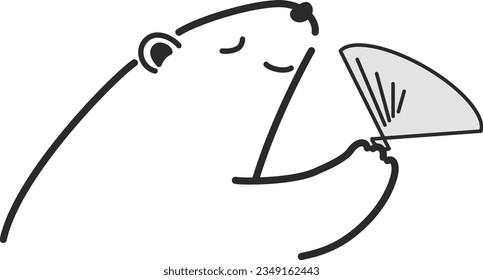 Illustration of a polar bear fanning a folding fan(black and white)