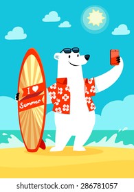 Illustration of polar bear with I love summer surfboard taking selfie at the beach