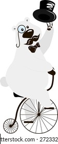 Illustration of a polar bear on an old bicycle with a large front wheel