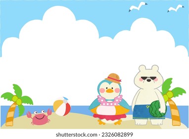 Illustration of a polar bear and a penguin on the beach