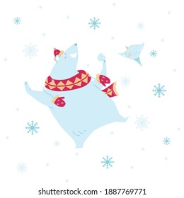 Illustration of a polar bear in a scarf with a pattern, mittens and a hat with a pampon and a flying bird among snowflakes