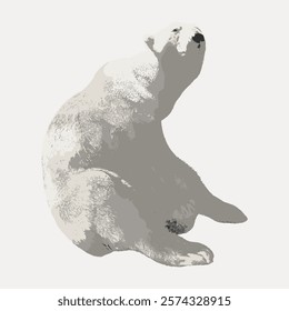 Illustration of a polar bear sitting. The polar bear is depicted in shades of gray and white. Polar bear art with a minimalist style. Polar bear in profile. Vintage art, isolated vector element.