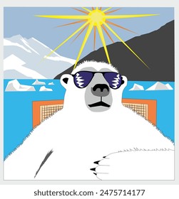 Illustration of a polar bear sunbathing on glaciers melting as a result of global warming.