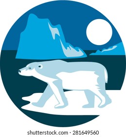 Illustration of a polar bear walking standing on ice viewed from the side with iceberg and moon in the background set inside circle shape done in retro style. 