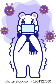 Illustration of a polar bear wearing a mask and various bad viruses floating in the air