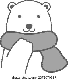 Illustration of a polar bear wearing a muffler (front face) black and white